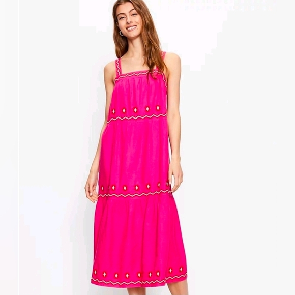 LOFT Dresses & Skirts - LOFT Bright Pink Midi Dress with Embroidered Tiered Square Neck Size M
